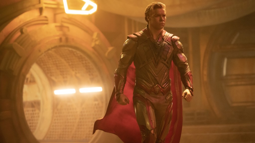 A medium shot of Adam Warlock (Will Poulter) in Guardians of the Galaxy Vol. 3. Adam has golden skin and a buff physique.